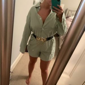 Sea foam green front button romper